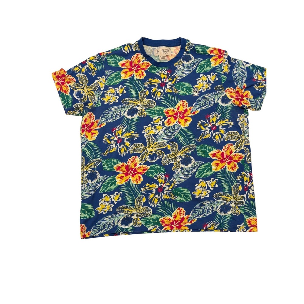 2/$20 Original Penguin Men's XL Blue Hawaiian Floral T-Shirt 100%‎ Cotton